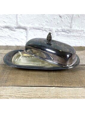 VTG Silver Plate MCM Covered Butter Dish Wm Rogers  Starburst Glass Insert Lid